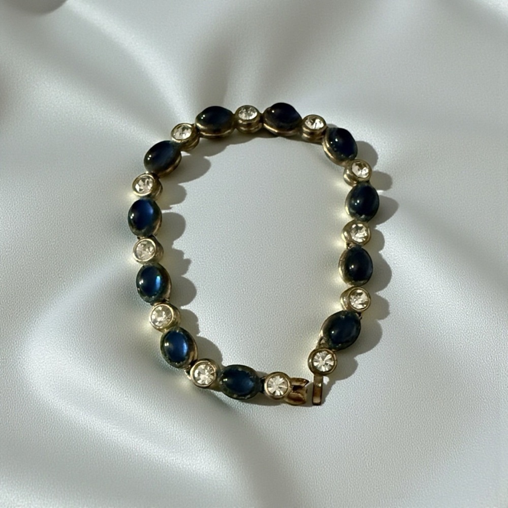 Vintage Cabochon Gold Plated Sapphire Colored  Crystals Tennis Bracelet